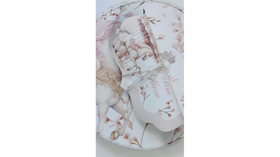 Trusou botez carusel cu cai roz pal si flori pastelate Pink Carousel 11